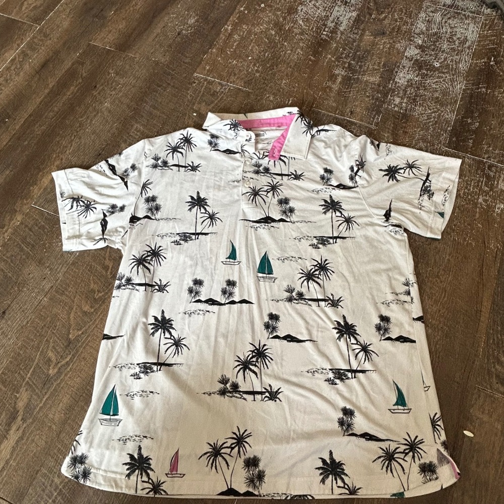 Puma Golf Polo Shirt Mens Large White Tropical Palm Tree Sailboat Print